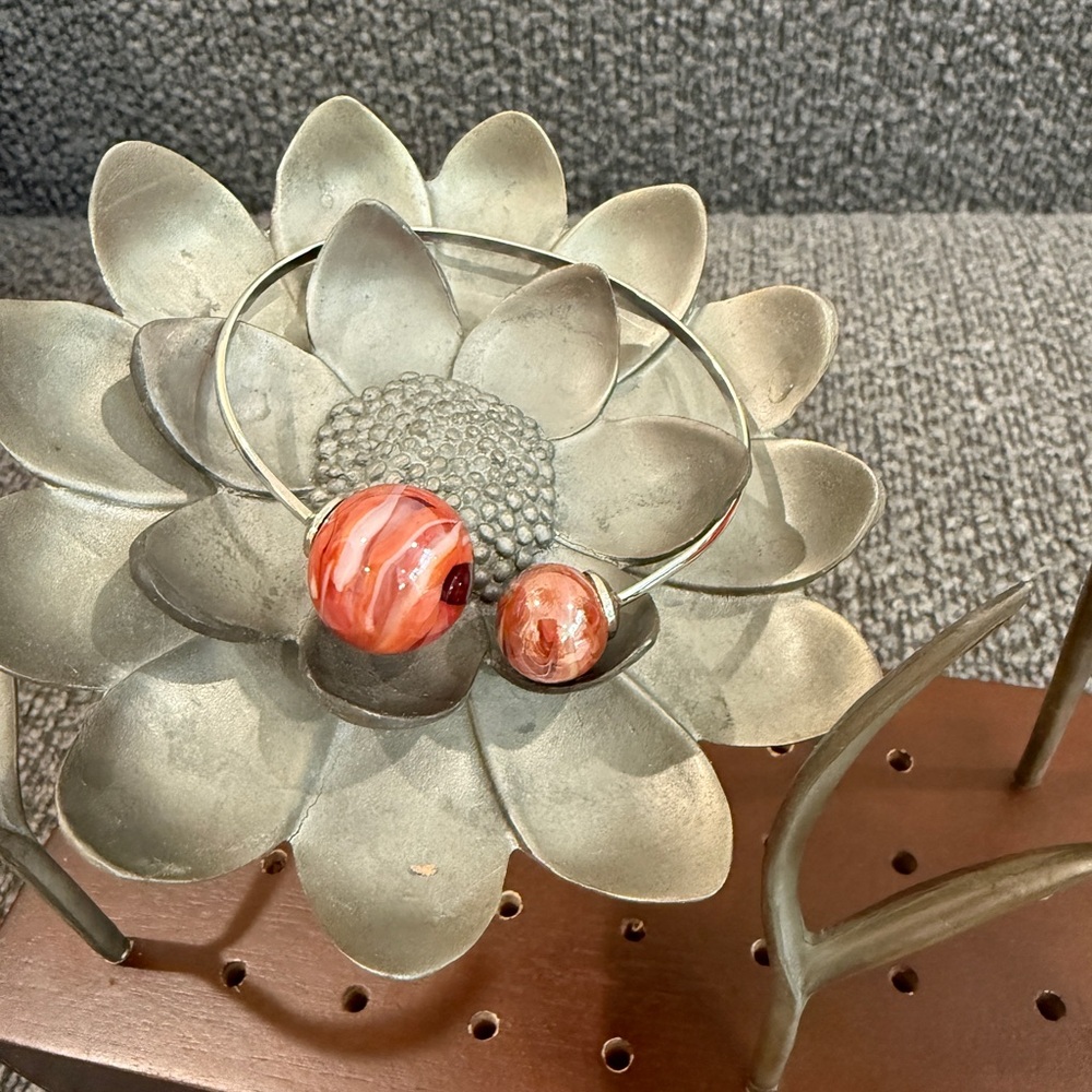 Silver Open Bangle with Swirled Coral Glass Beads